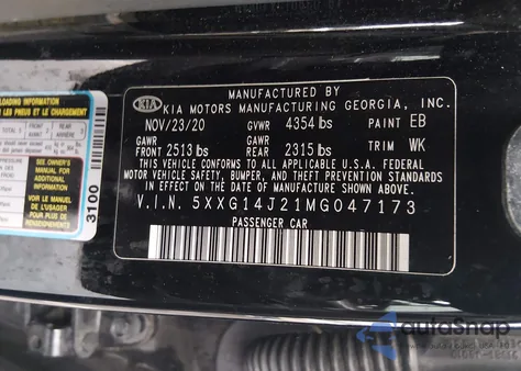 2021 Kia K5 Lxs z USA, uszkodzony, nr VIN 5XXG14J21MG047173